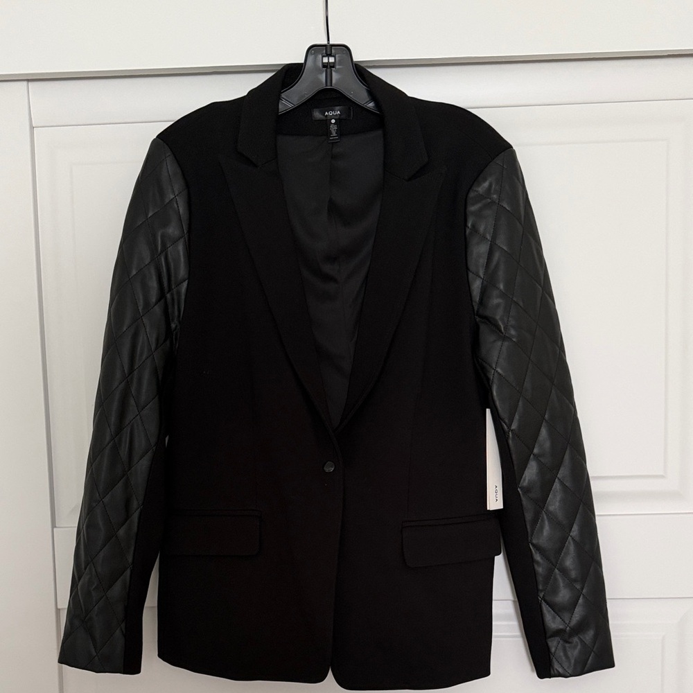 Aqua Black Faux Leather Blazer with Quilted Sleeves One Snap XL